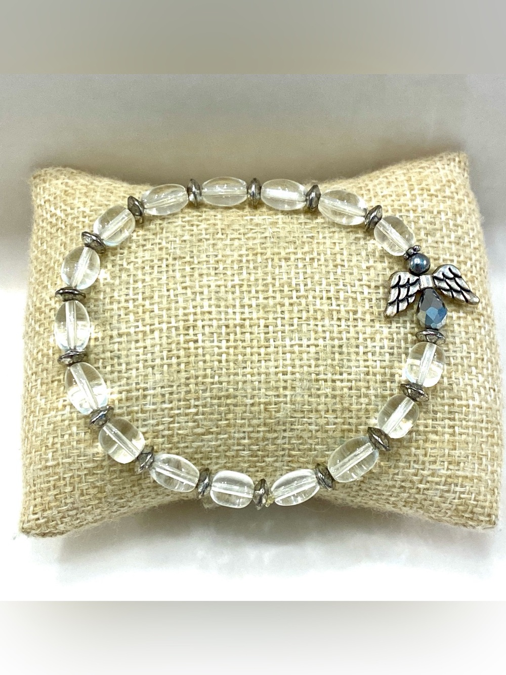 Vintage Handmade Clear Glass Bead Bracelet Silver Tone Metal Angel NWOT